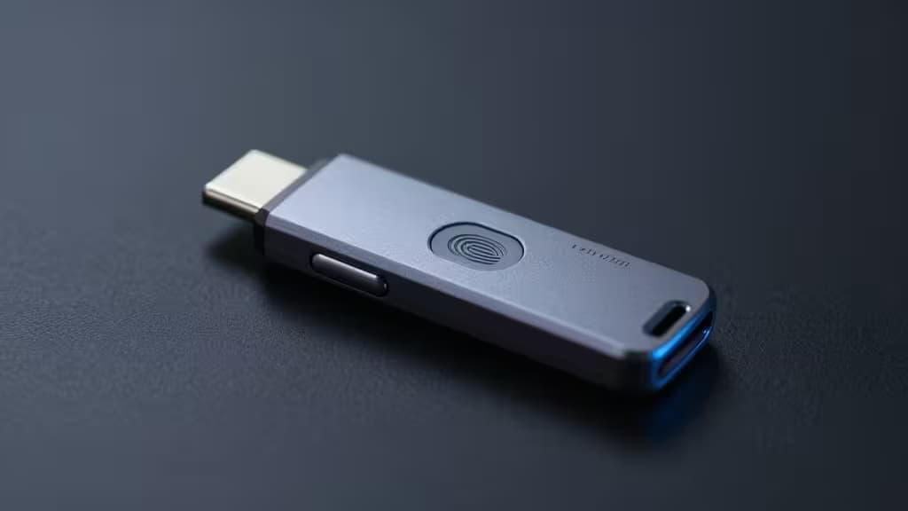 A sleek, metallic hardware security key with a fingerprint sensor and USB-C port rests on a dark surface, representing modern MFA solutions.