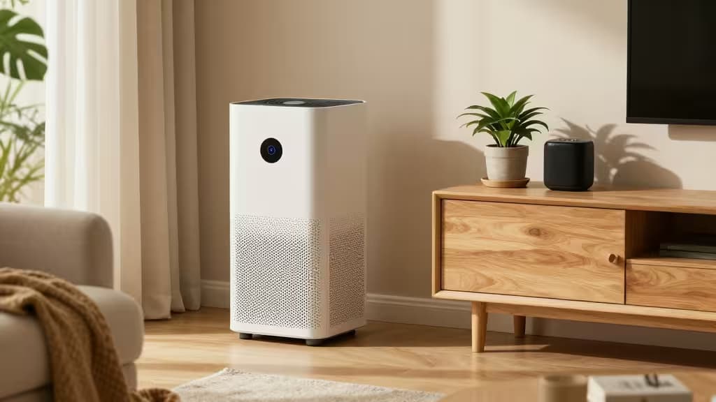 White air purifier and black smart speaker on wooden console create serene living space.