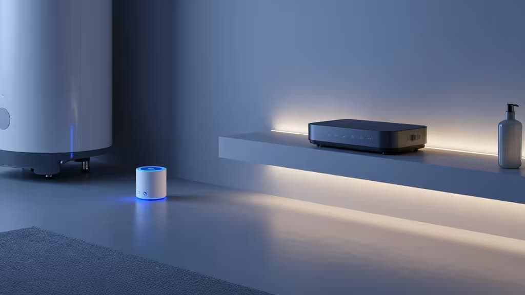 Un sensor de agua azul brillante junto a un smart hub negro sobre un estante flotante, monitorizando un sótano moderno en busca de fugas.