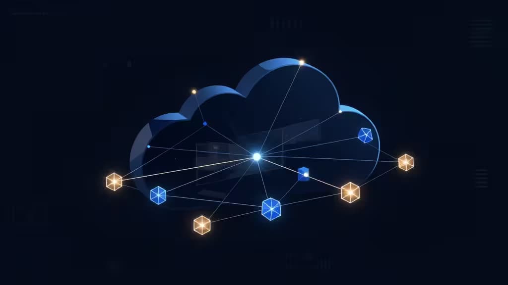 Glowing nodes connect to a central cloud, symbolizing serverless error monitoring architecture.