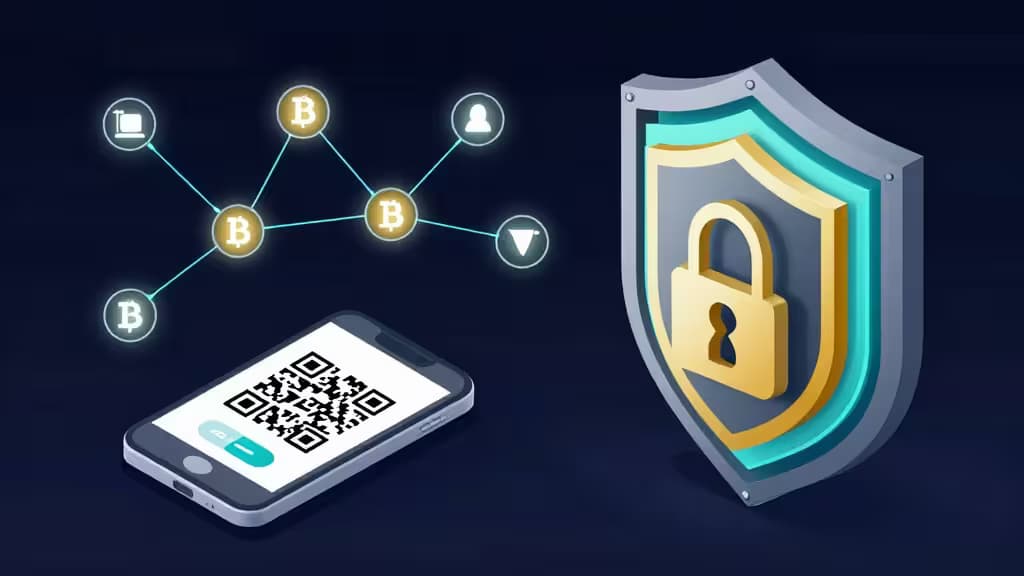 スマートフォンに暗号署名用QRコードが表示され、マルチチェーン対応トークンと接続。セキュリティシールドで守られた金庫がハードウェアウォレットの保護を象徴する。