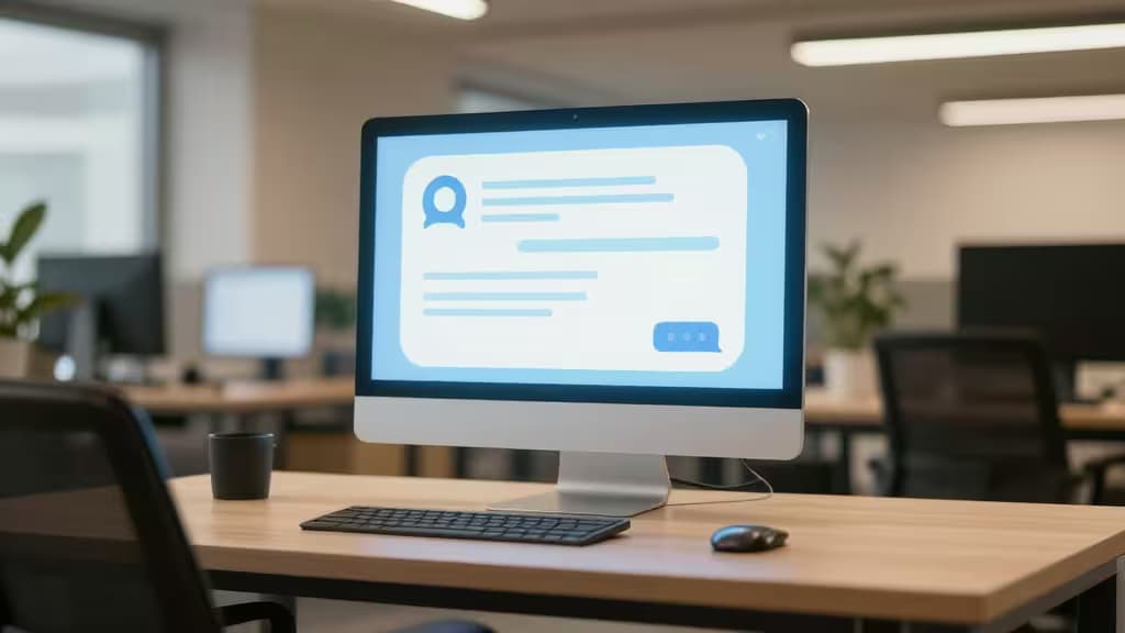 Un écran de bureau élégant affiche une interface de chatbot sur un bureau moderne avec clavier et souris.