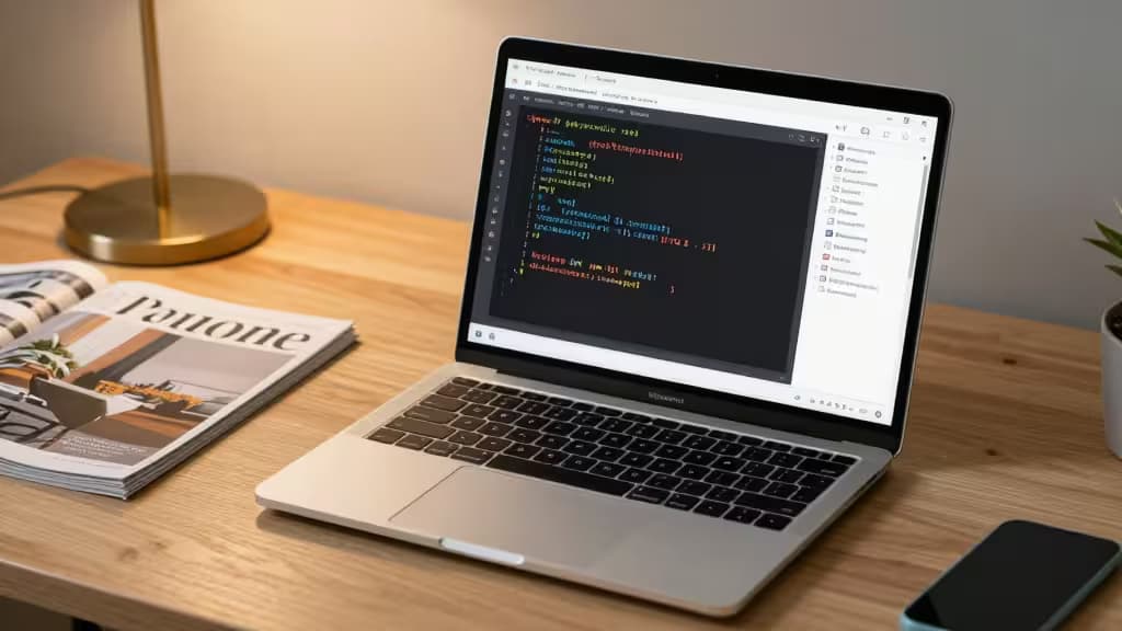 Een moderne werkplek met een laptop waarop Python-code en een code review-interface te zien zijn, met warme belichting en een overzichtelijk bureau