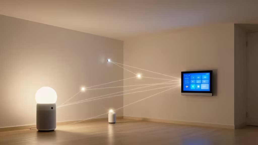 Salón moderno con dispositivos de hogar inteligente conectados mediante una red mesh luminosa