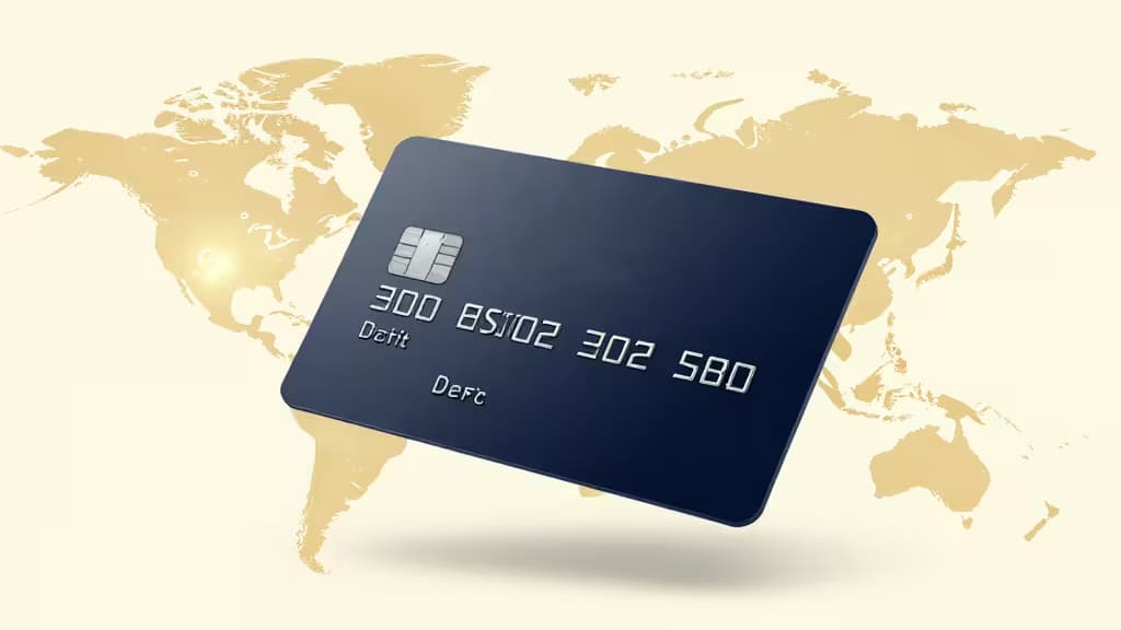 A dark blue debit card floats over a golden world map, symbolizing global crypto travel.