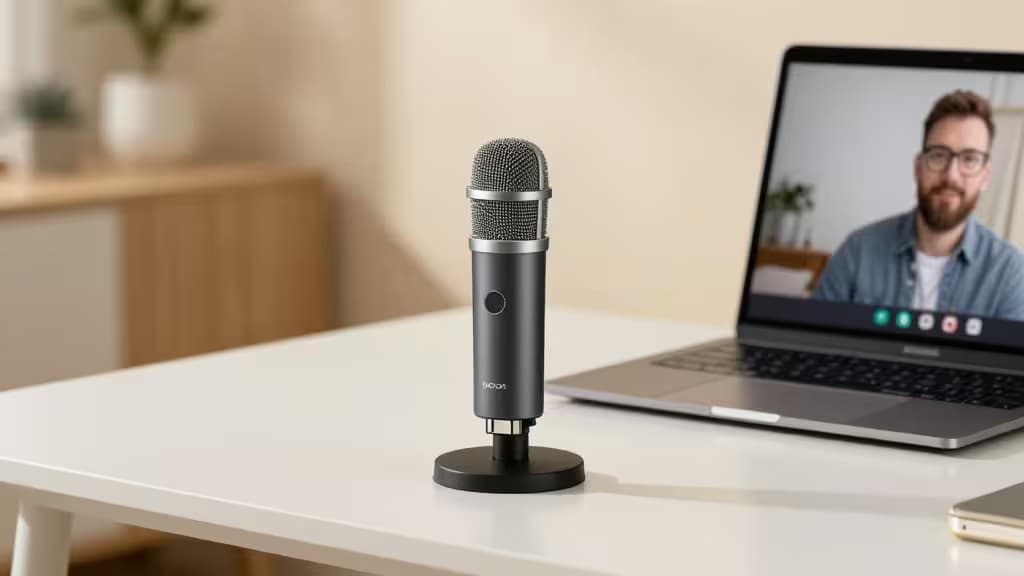 A sleek USB microphone on a minimalist desk beside a laptop displaying a video call, set in a clean modern home office with soft warm lighting.