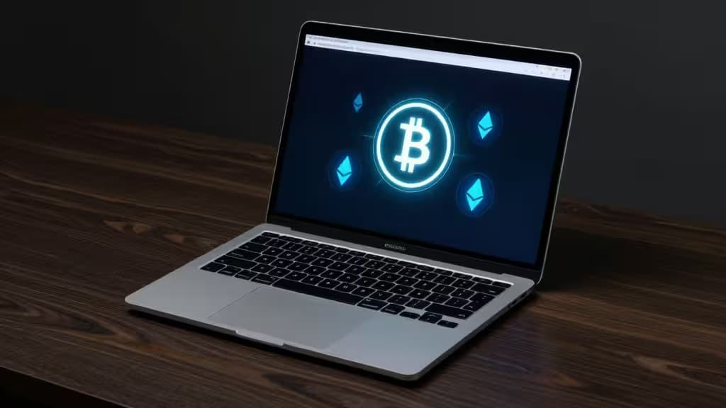 Silver MacBook on dark wood displays glowing Bitcoin and Ethereum icons on screen.