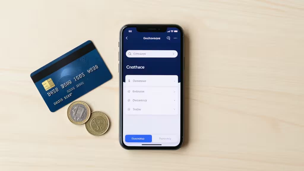 A smartphone displaying a crypto exchange app sits beside a credit card and coins on a wooden surface.