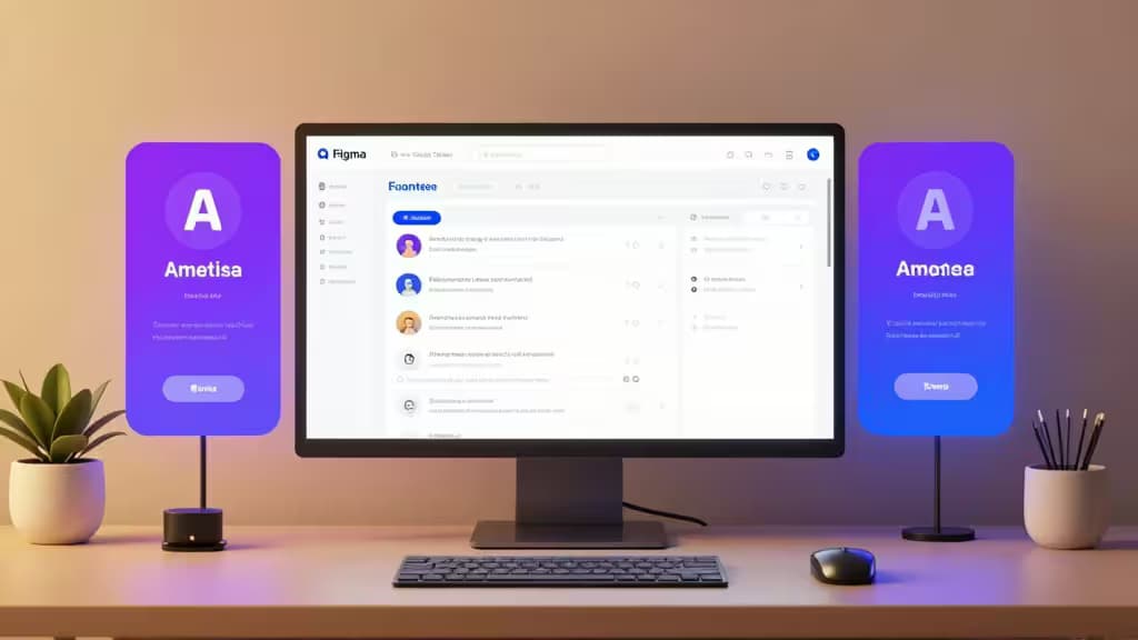 Spazio di lavoro moderno con interfaccia Figma su schermo, pannelli AI luminosi in viola e blu, wireframe e design system aperti, scrivania minimalista con illuminazione calda