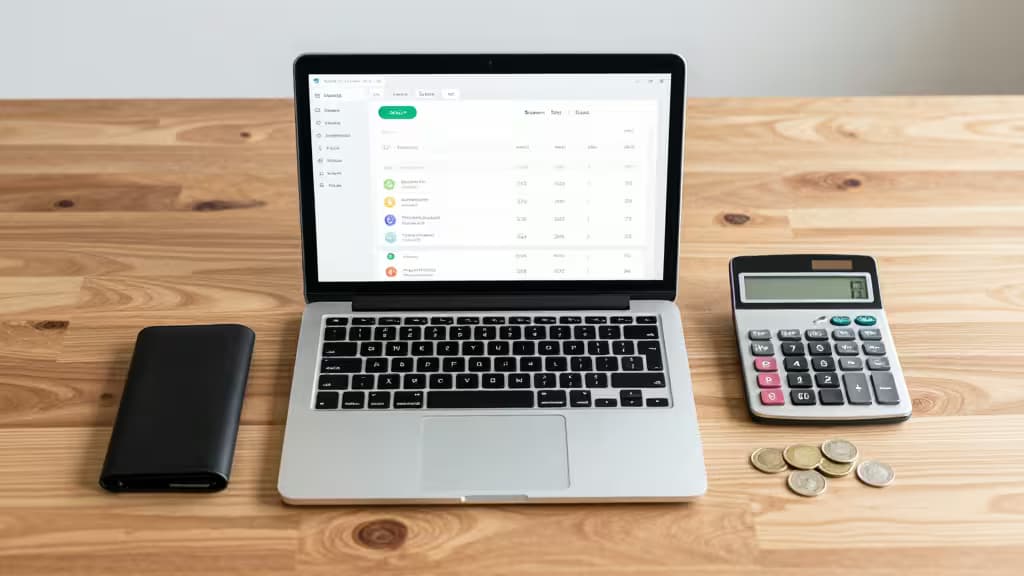 Laptop displays crypto tax software, flanked by calculator and coins on wooden desk.
