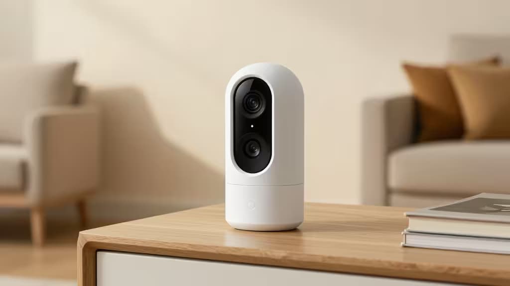 Een witte beveiligingscamera met twee lenzen staat op een houten tafel in een gezellige woonkamer met warme verlichting.