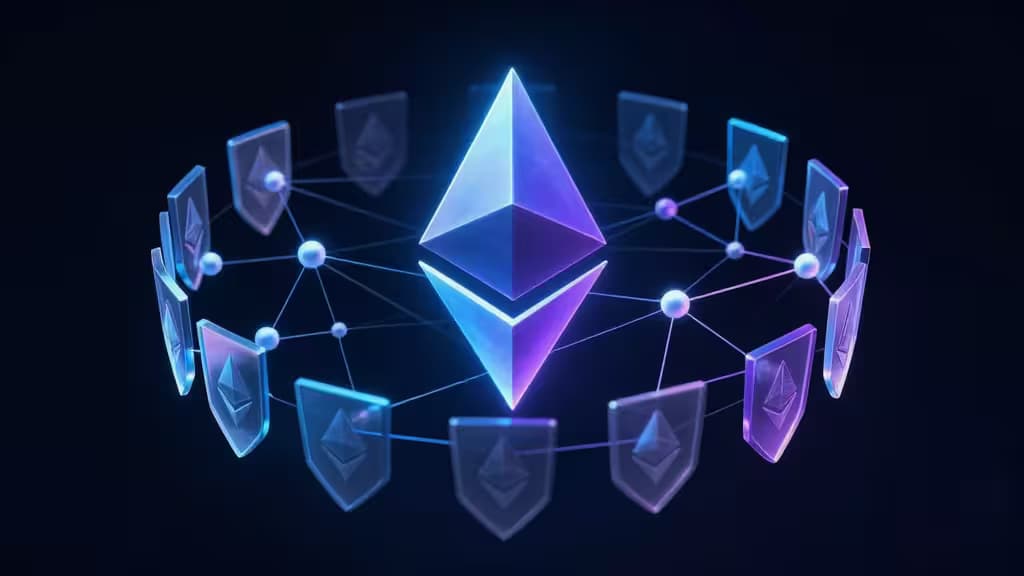 Logo Ethereum lumineux entouré de nœuds sécurisés reliés par un réseau, symbolisant les plateformes de restaking ETH en 2026.