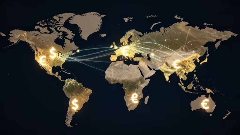 Glowing currency symbols connect continents on a digital world map, illustrating global financial networks.
