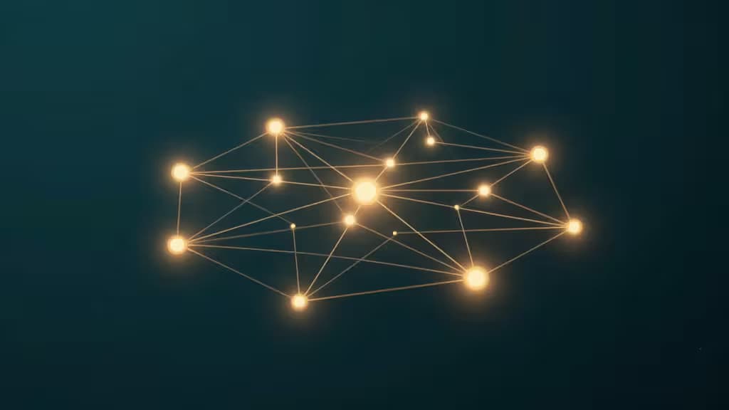 Glowing network nodes connect via luminous lines against dark teal, symbolizing scalable API gateway architecture for GraphQL systems.