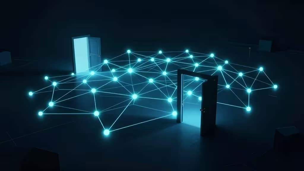 Abstract network topology with glowing nodes connected by luminous tunnels through a dark digital landscape, with open doorways in a firewall letting light pass through.