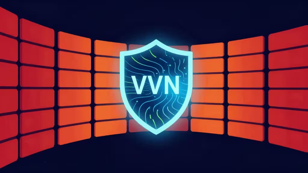 Illustration abstraite d'un tunnel de lumière bleue traversant un mur de barrières rouges, symbolisant le contournement des pare-feux et du DPI par obfuscation VPN