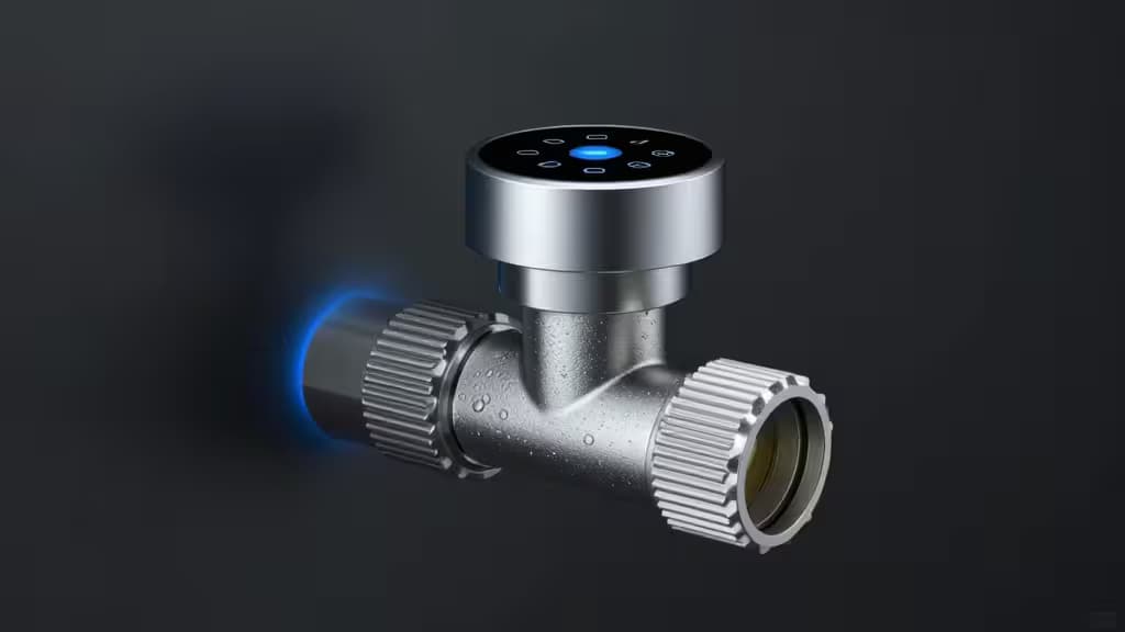 A smart home water pipe with an electronic shutoff valve illuminated by soft blue accent lighting