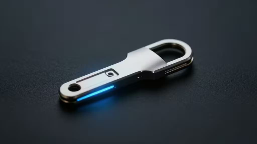 Chiave di sicurezza hardware su superficie scura con alone blu crittografico, rappresentazione astratta della protezione dell'identità digitale