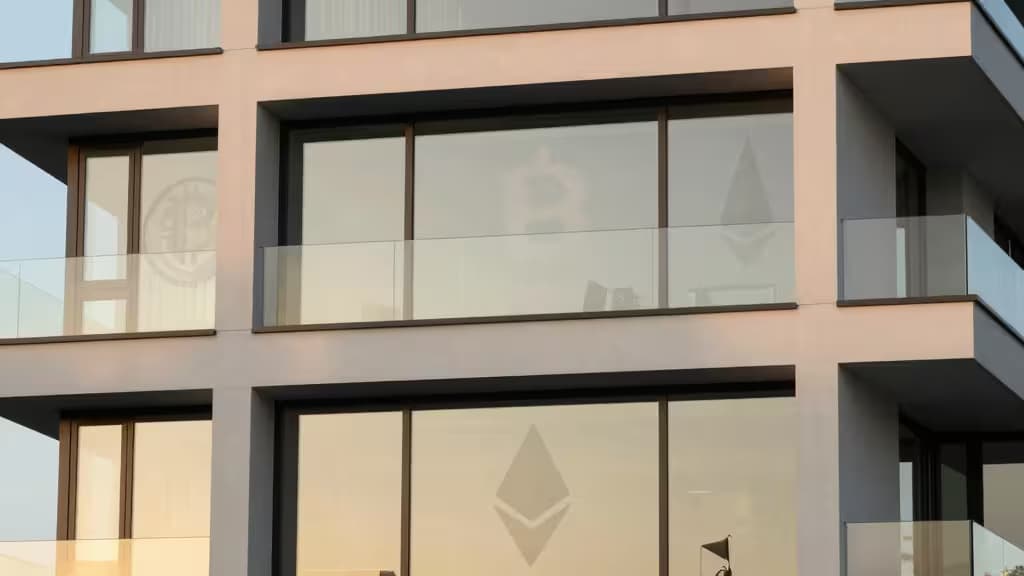 Modern building windows display Ethereum and Bitcoin logos, symbolizing crypto-friendly mortgage options.