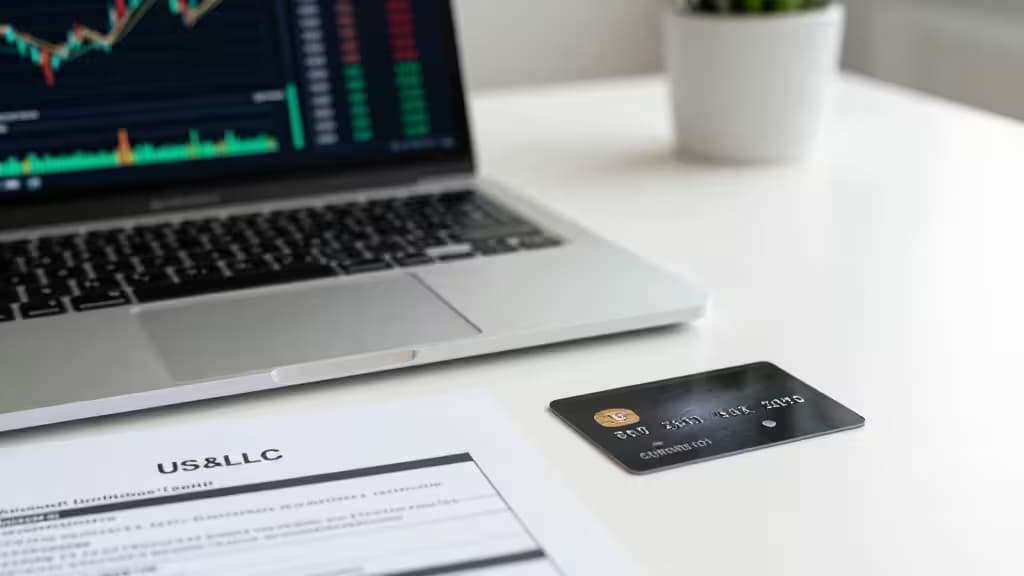Laptop displays crypto charts beside US LLC documents and a black card on white desk.