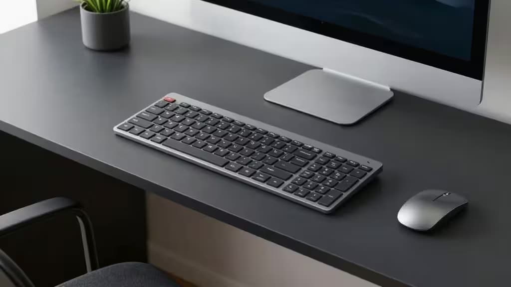 Tastiera split ergonomica in alluminio e gomma nera su scrivania minimalista con mouse wireless.