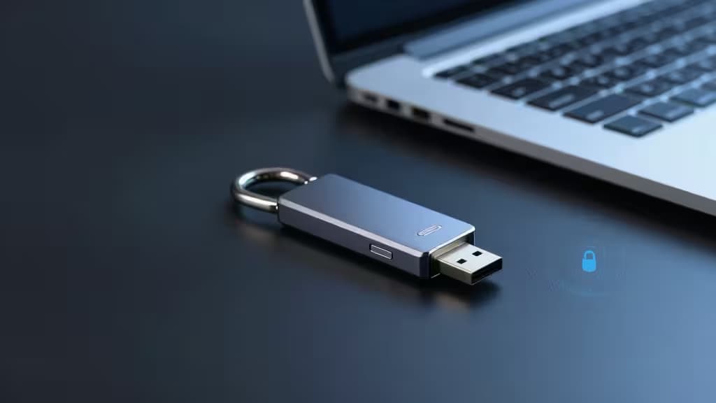Ein USB-C Hardware-Security-Key auf einem dunklen Schreibtisch mit blauer Ambient-Beleuchtung neben einem Laptop