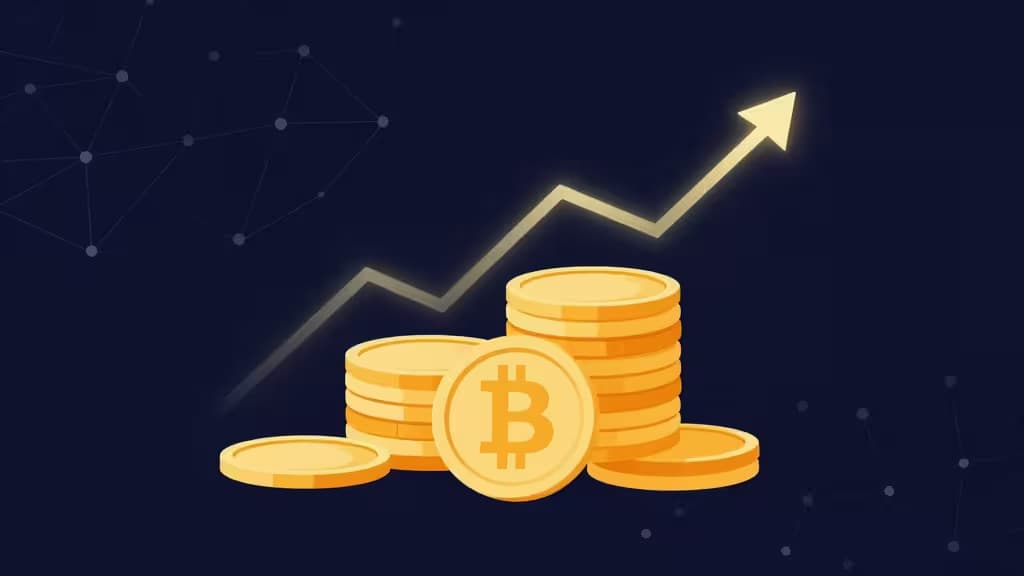 Pile de pièces Bitcoin dorées sous une flèche ascendante lumineuse, symbolisant la croissance d'un épargne crypto sur un fond sombre de réseau.