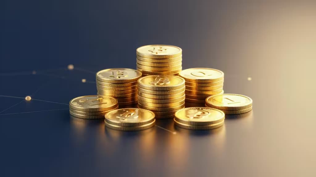 Golden Bitcoin coins stack on a reflective surface, symbolizing crypto staking yields against a gradient blue background with subtle network lines.