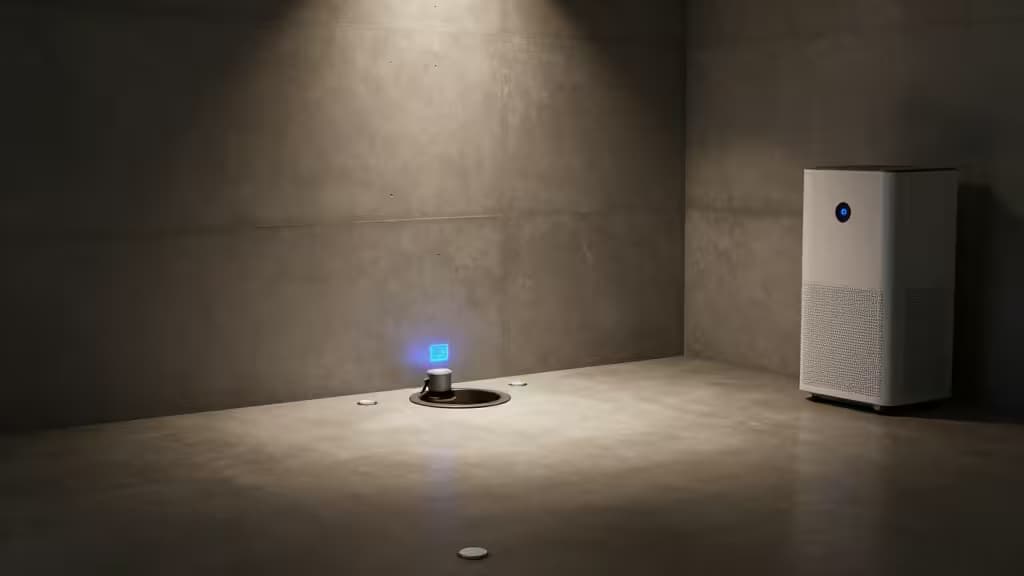 Cave de betão com bomba de sumidouro iluminada a azul e desumidificador branco, ilustrando tecnologia smart de prevenção de inundações.