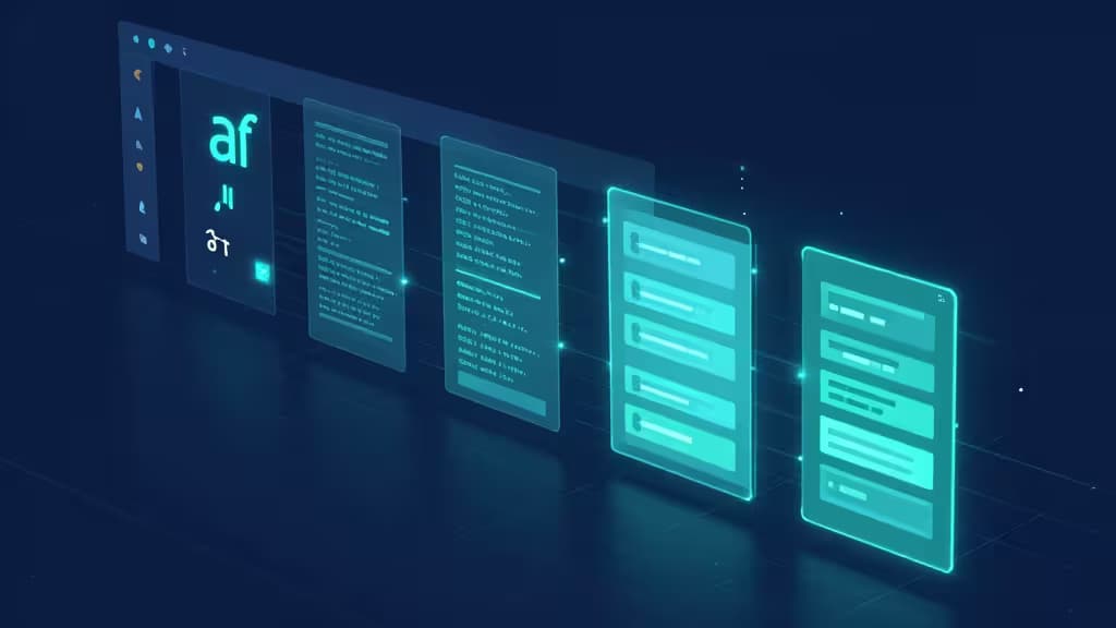 Abstract illustration of a spreadsheet grid with glowing AI automation elements lighting up data cells in sequence, deep blue and teal color palette.