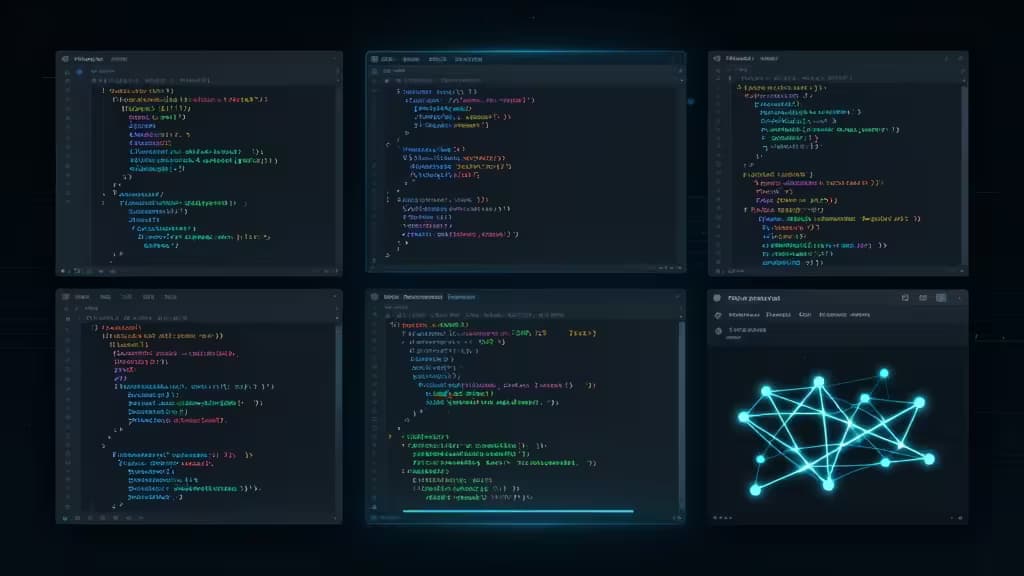 Six glowing code editor windows display Python scripts alongside a luminous neural network graphic.