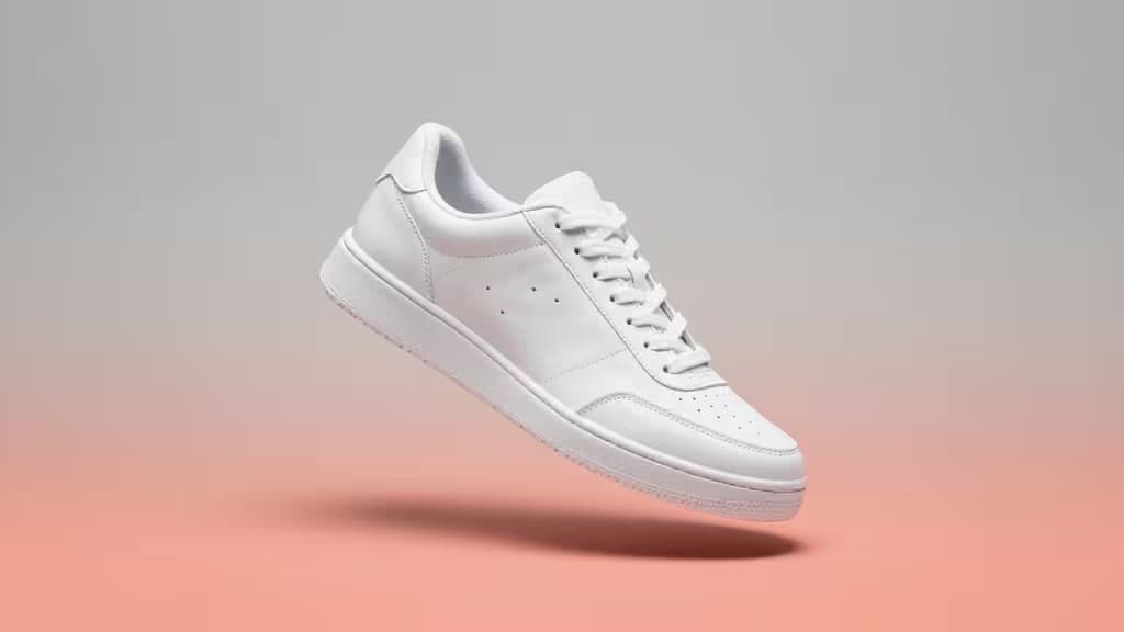 Composition abstraite d'une chaussure blanche flottant sur un dégradé de gris à corail, style photographie produit studio minimaliste.