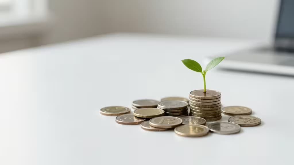 Un brote verde crece de una pila de monedas sobre un escritorio blanco, simbolizando el crecimiento financiero de las asociaciones sin fines de lucro.