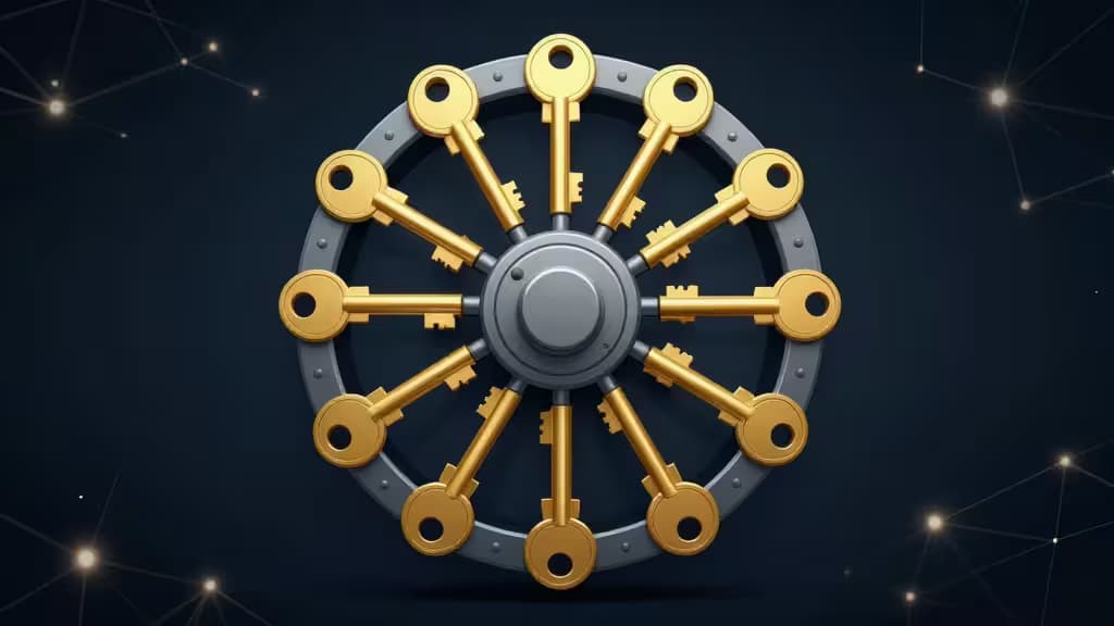 Golden keys radiate from a metallic vault wheel, symbolizing multi-signature crypto security for institutional custody solutions.