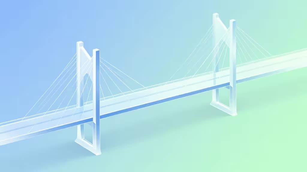Abstract digital bridge connecting fiat currency to cryptocurrency, with transparent glass panels representing clear fee structures, set against a soft blue and green gradient.