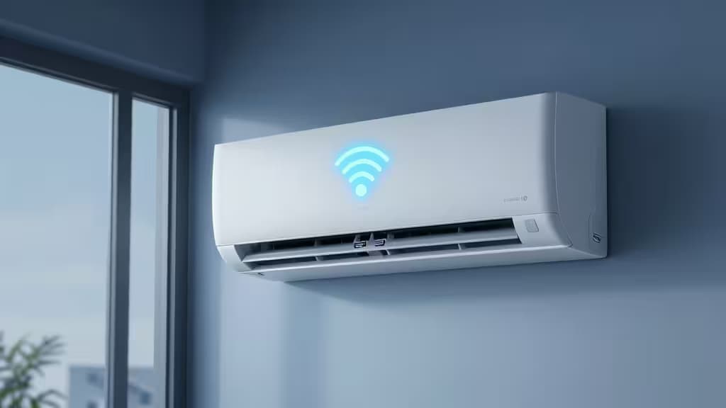 Condizionatore a finestra moderno con icona Wi-Fi luminosa in stile smart home, tonalità blu fredde, estetica minimale editoriale