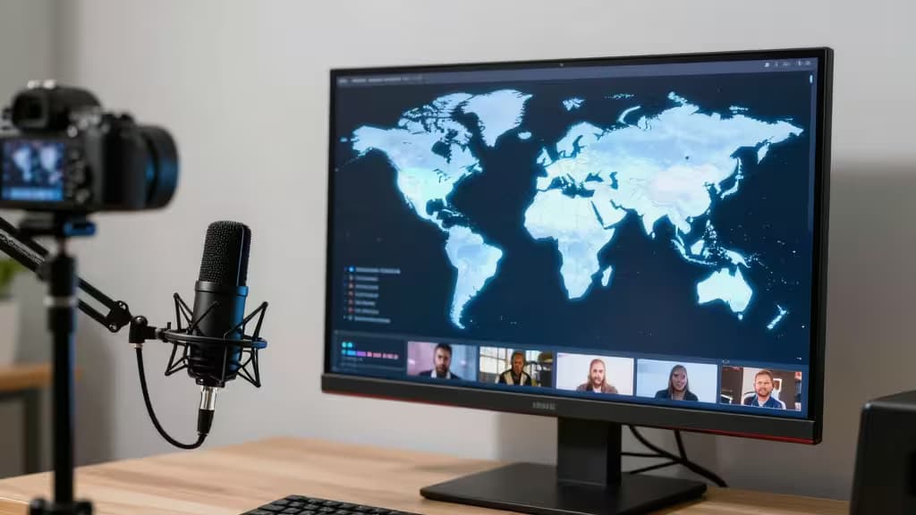 Un micrófono profesional y una cámara frente a un monitor que muestra un mapa mundial con participantes de videollamada.