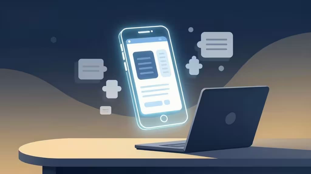 Glowing smartphone displays abstract app wireframes and modular building blocks above a laptop on a desk.
