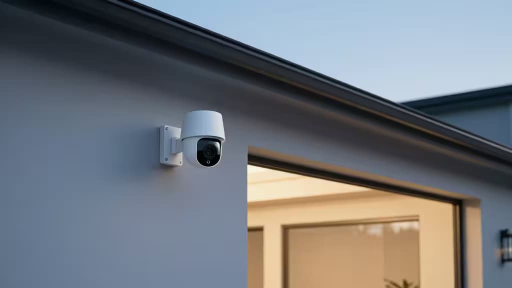 White plastic security camera mounted on gray stucco wall beside open garage door at dusk.