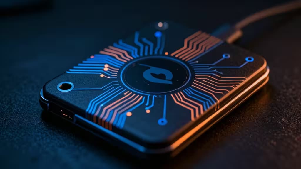 A cyberpunk-style hardware wallet with glowing circuitry and a Monero symbol, set against a dark, textured surface.