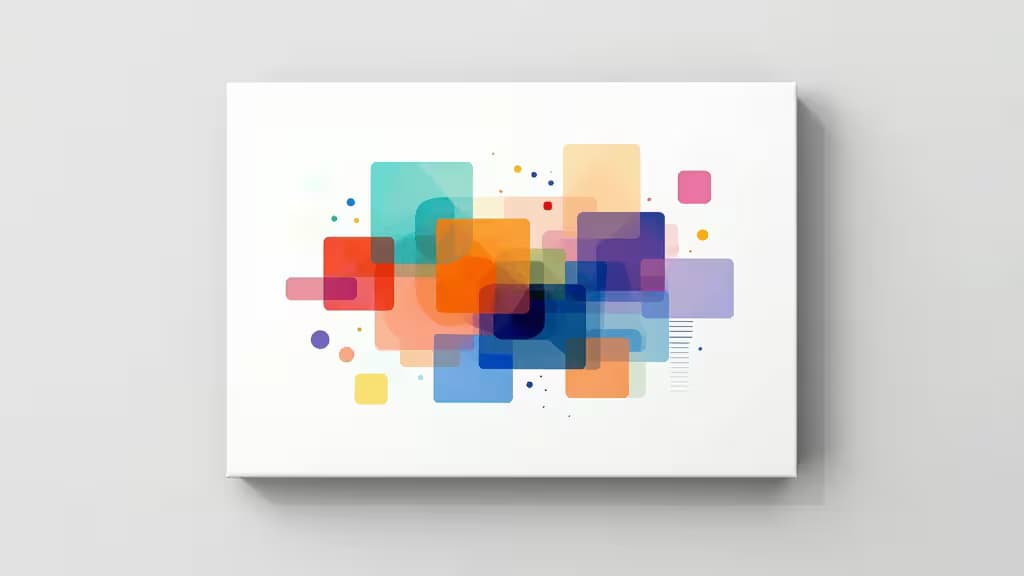 Colorful translucent squares and dots float on a white canvas, symbolizing clean AI-generated art.