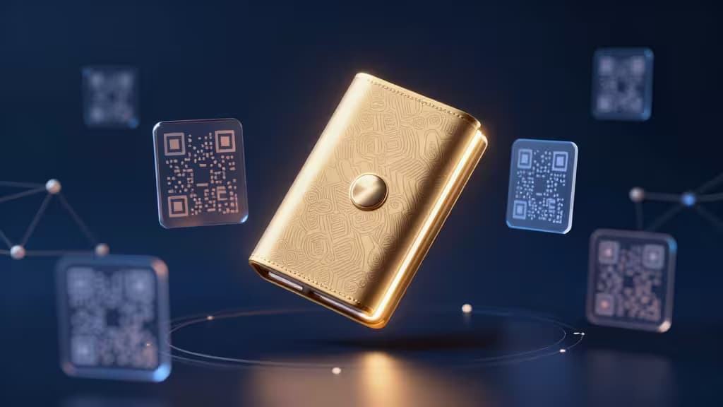 Abstrakte 3D-Darstellung einer leuchtenden Hardware-Wallet mit QR-Code-Mustern und Blockchain-Netzwerkknoten in Blau und Gold