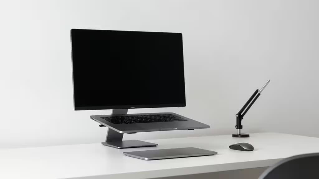 A sleek laptop rests on a minimalist desk, elevated by an adjustable monitor arm to promote ergonomic posture and reduce neck strain.
