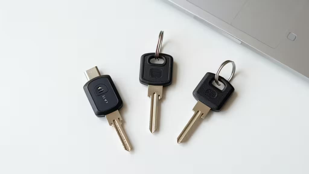 Trois clés de sécurité Yubico — USB-C, USB-A et NFC — disposées sur une surface blanche.