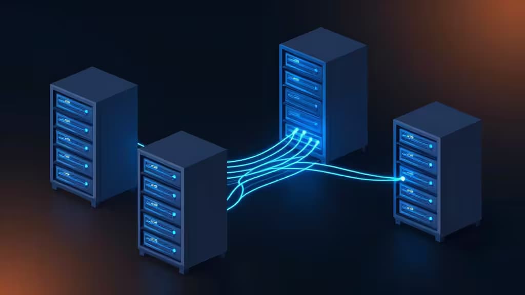 Cuatro racks de servidores con flujos de datos azules brillantes conectándolos, simbolizando una migración de base de datos sin interrupciones.