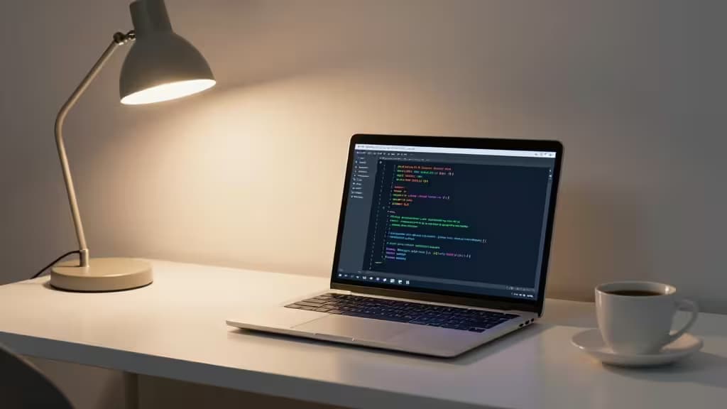 A laptop displaying code sits on a white desk beside a lamp and coffee cup.