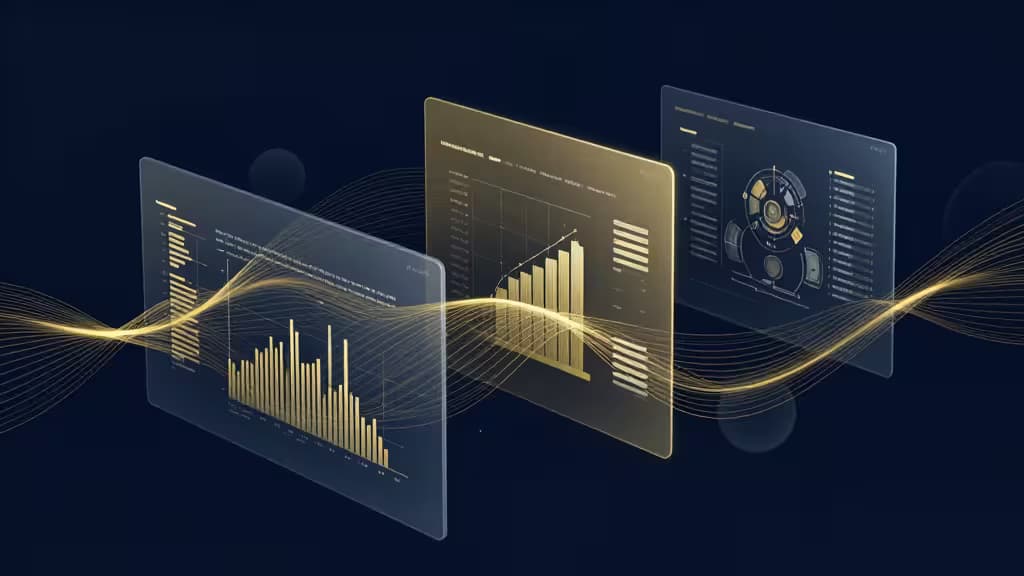Illustration abstraite d'entités commerciales interconnectées avec un tableau de bord fintech moderne en tons bleu marine et or
