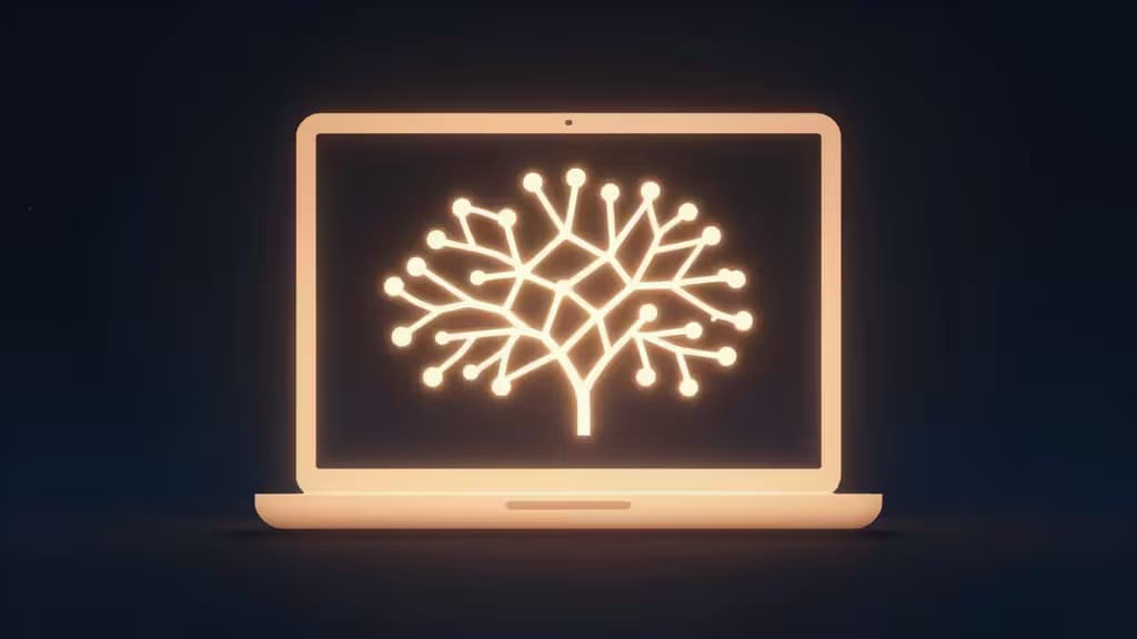 Glowing neural network tree displayed on laptop screen, symbolizing local AI processing without cloud connectivity.