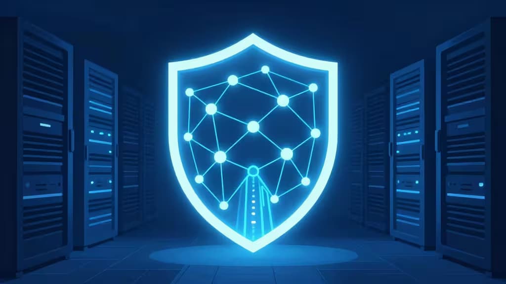 A glowing blue network shield hovers between server racks, symbolizing secure, affordable VPN protection.