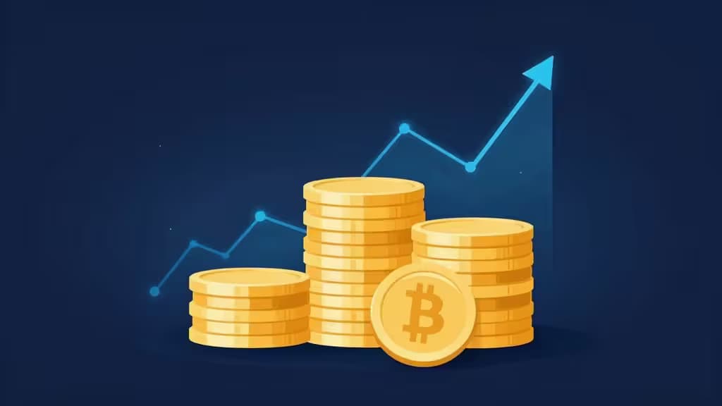 Monedas de oro de Bitcoin apiladas hacia arriba junto a un gráfico de línea azul ascendente, simbolizando el crecimiento de las recompensas de staking en exchanges de criptomonedas.